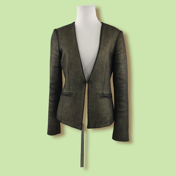 CACHE Blazer 4 Jacket Olive Gold Metallic Textured Woven Career - Picture 1 of 7
